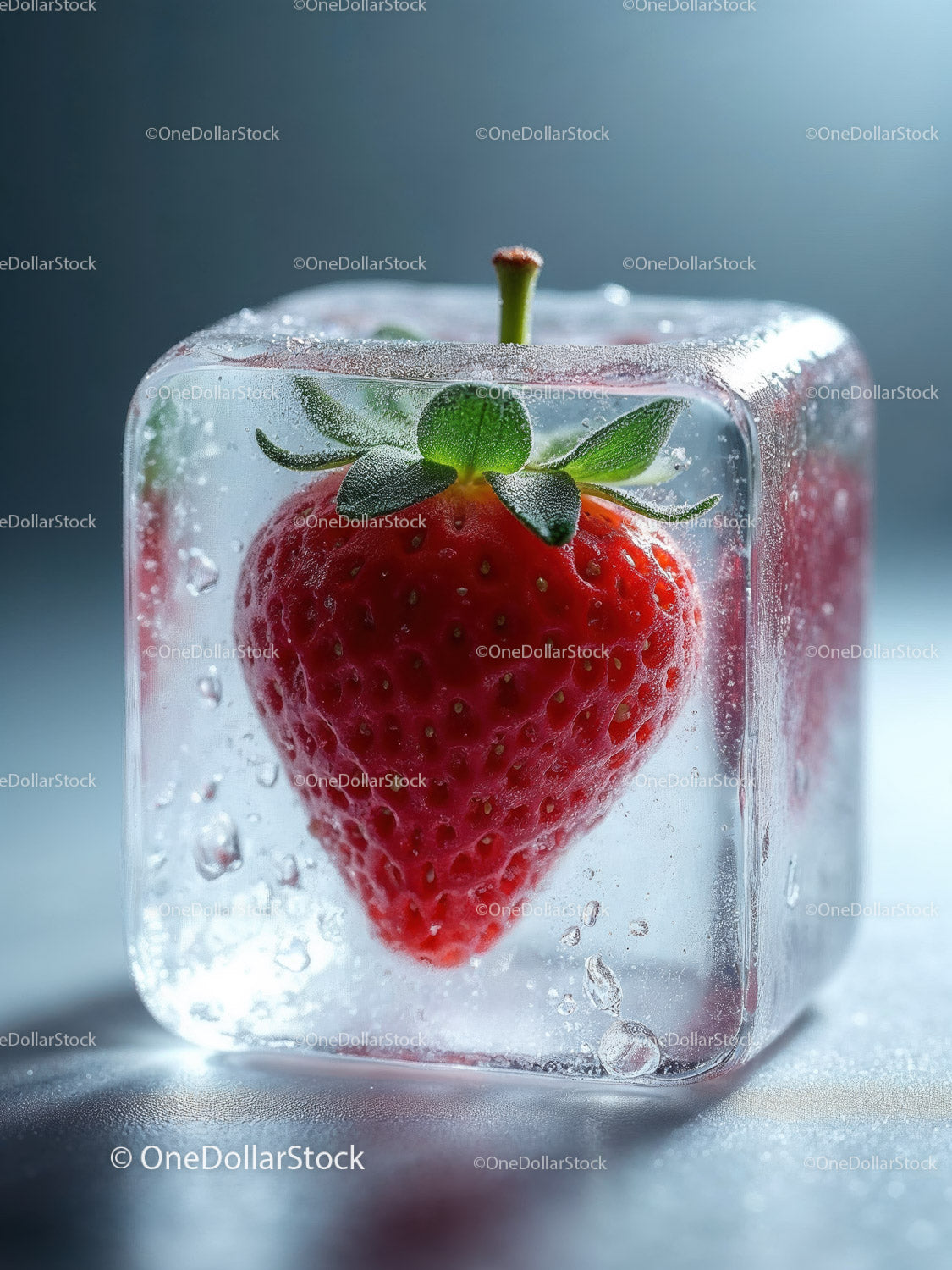 Fresh strawberry frozen inside a clear ice cube