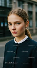 Elegant Young Woman with Blonde Hair and Blue Eyes in Urban Setting