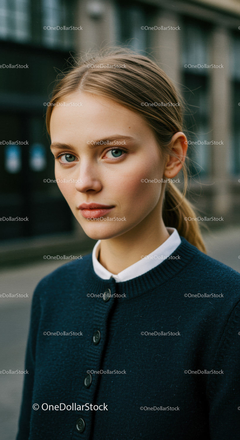 Elegant Young Woman with Blonde Hair and Blue Eyes in Urban Setting