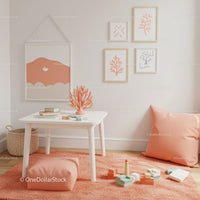 Stylish Children's Room Decor with Peach Cushions and Coral Wall Art