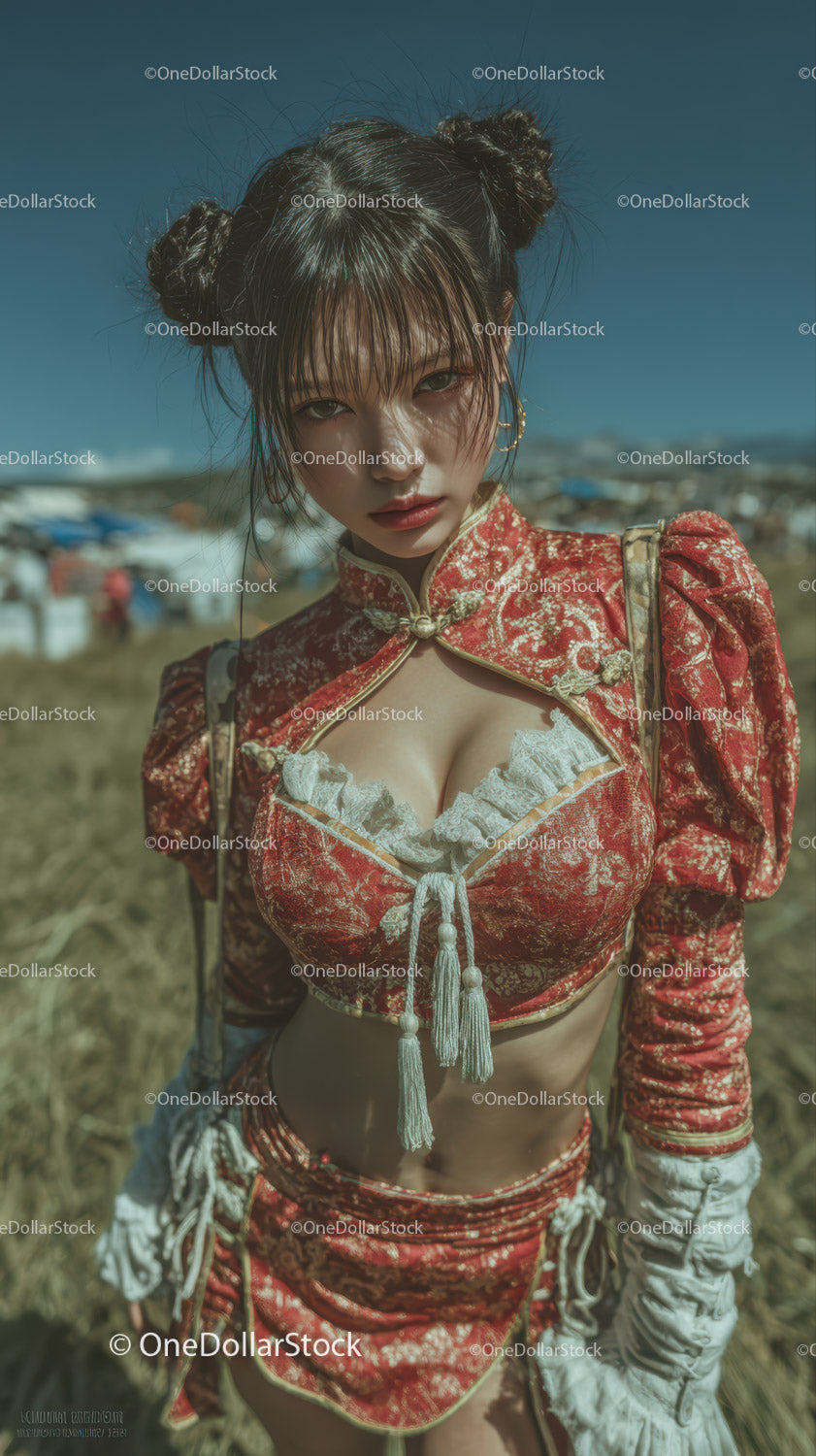 Stylish Young Woman in Red Brocade Top and Lace Crop Top Outdoors
