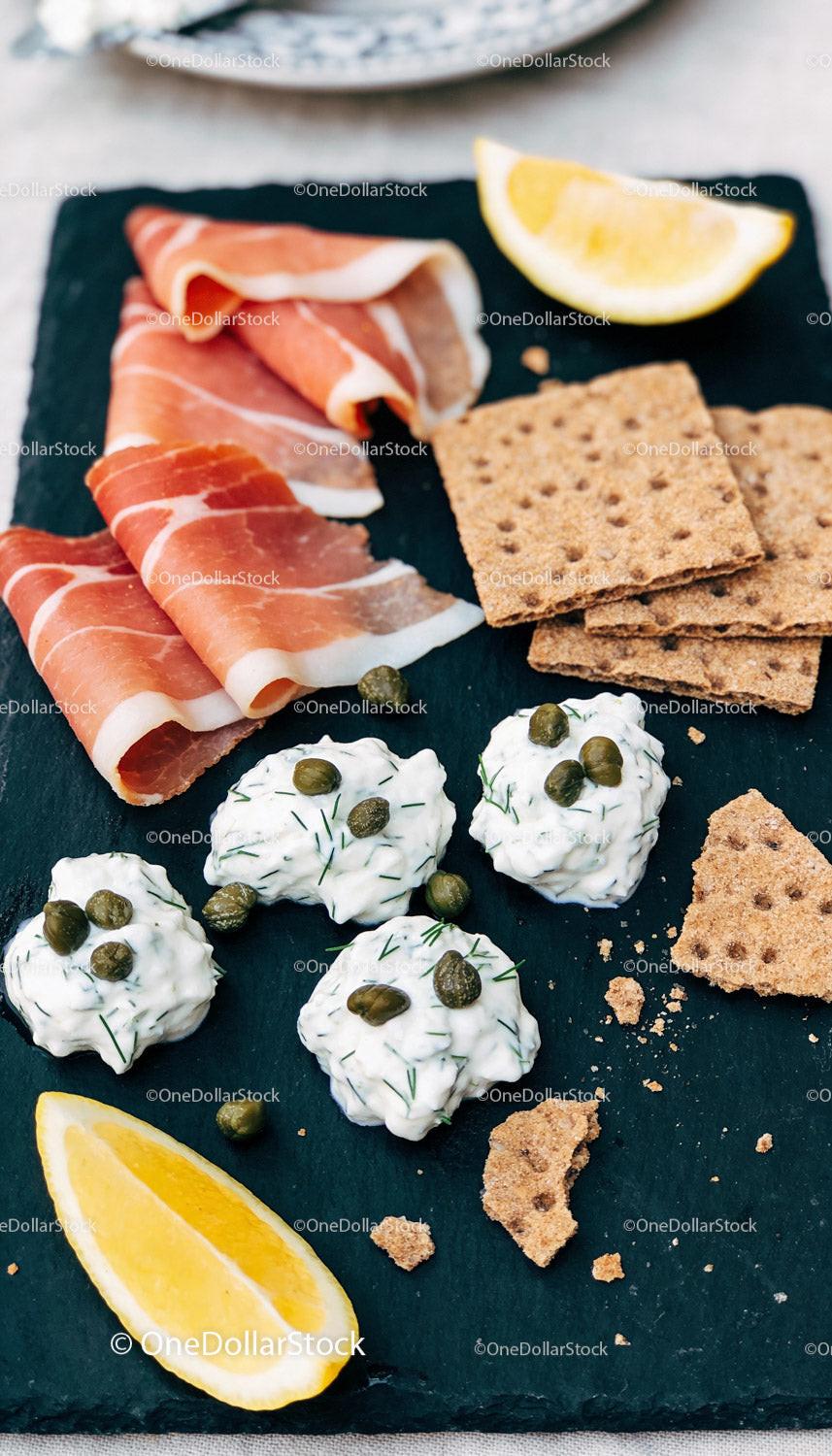 Appetizer Platter with Cream Cheese, Capers, and Ham