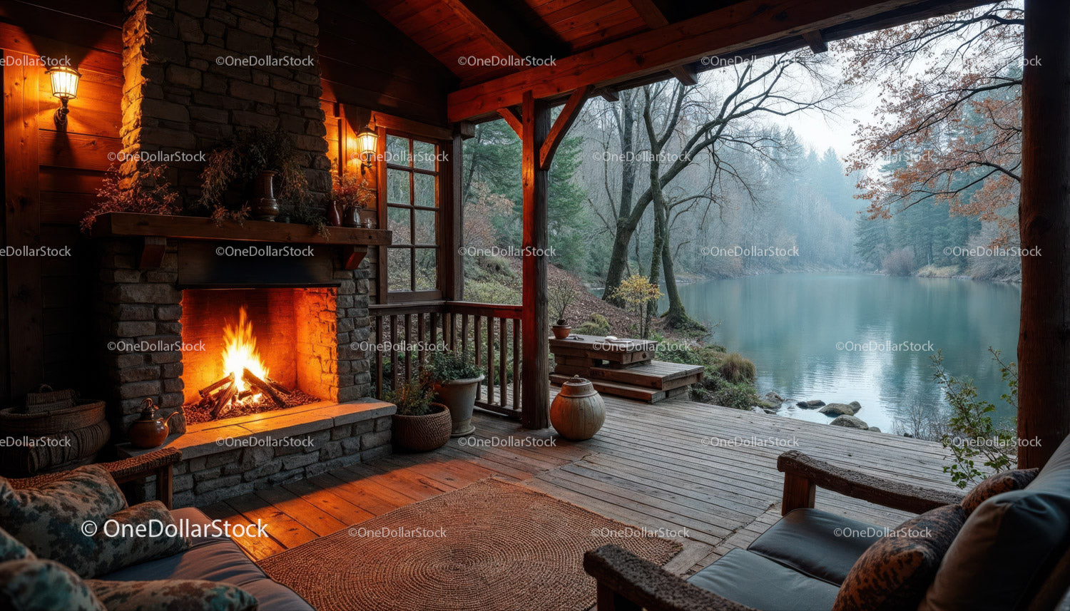 Rustic Cabin Porch with Firepit and Scenic River View