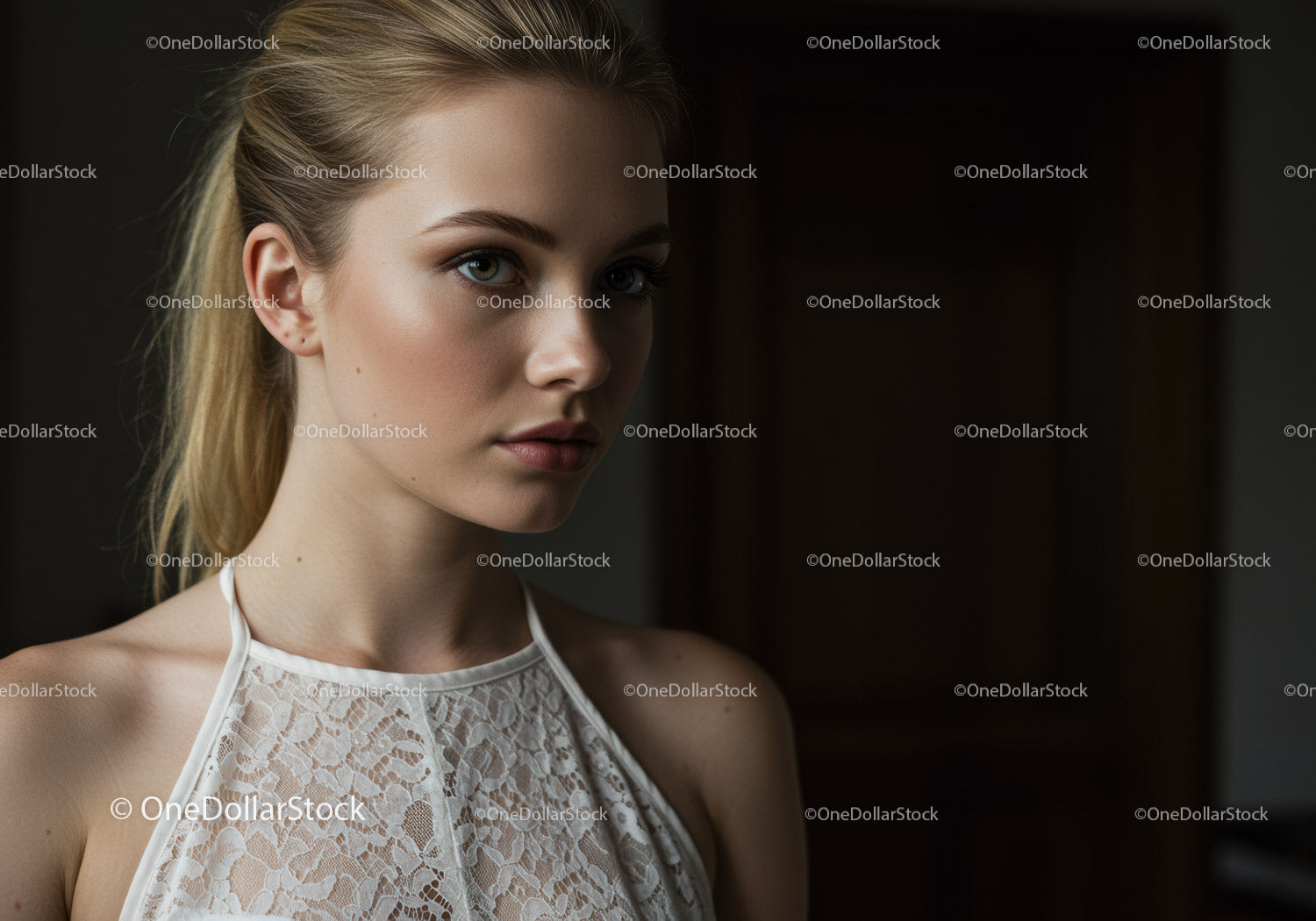 Elegant Blonde Woman in Lace Top for Fashion and Beauty Portraits