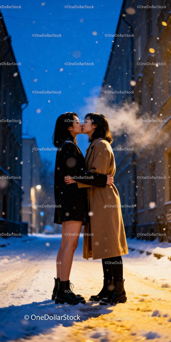 Couple Sharing Tender Kiss in Snowy Evening Street