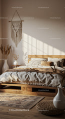 Cozy bedroom with boho decor and natural lighting