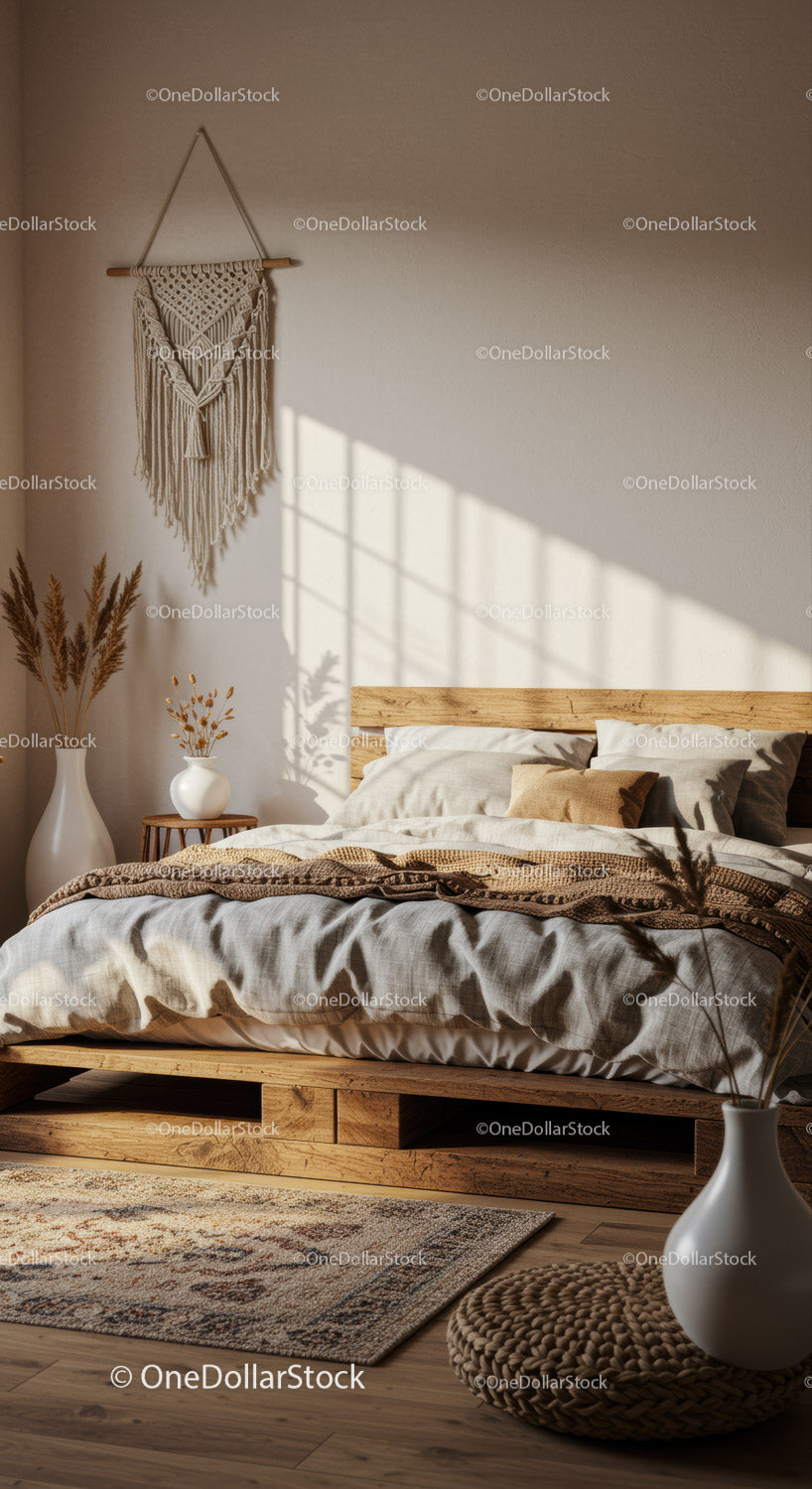 Cozy bedroom with boho decor and natural lighting