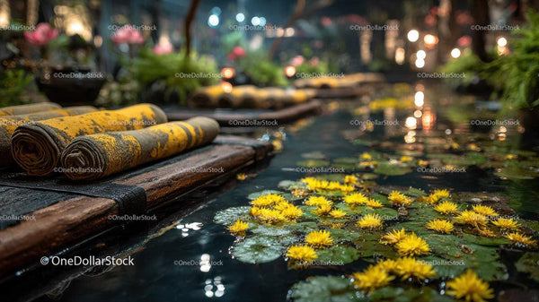 Serene Water Lilies and Yellow Flowers in a Tranquil Garden Pond