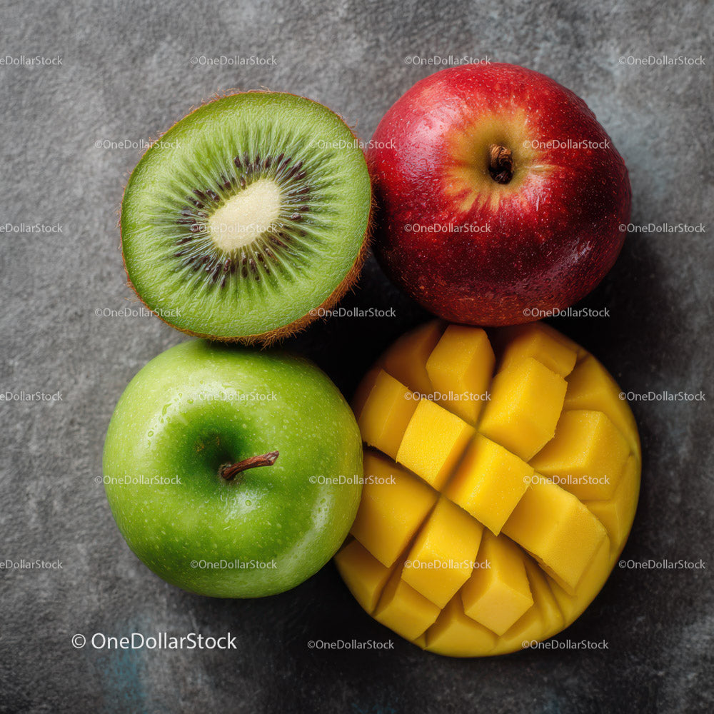 Kolorowy asortyment świeżych owoców z kiwi, jabłkiem i mango