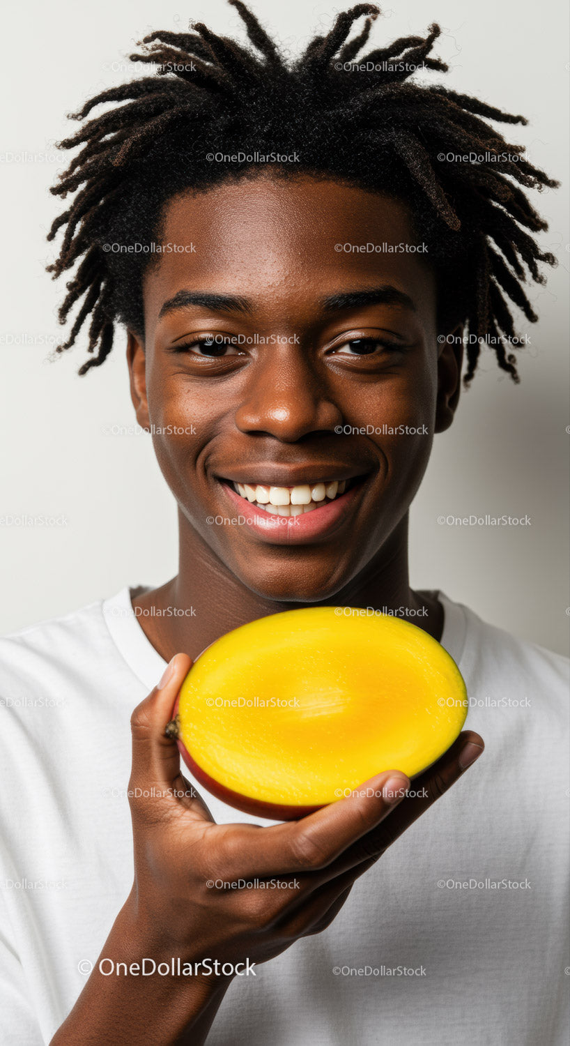 Smiling Young Man with Mango Fruit in Bright Studio Portrait