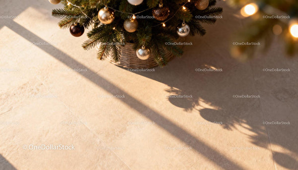 Christmas tree ornaments casting soft shadows on floor