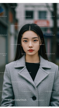 Stylish Young Woman in Gray Coat on City Street