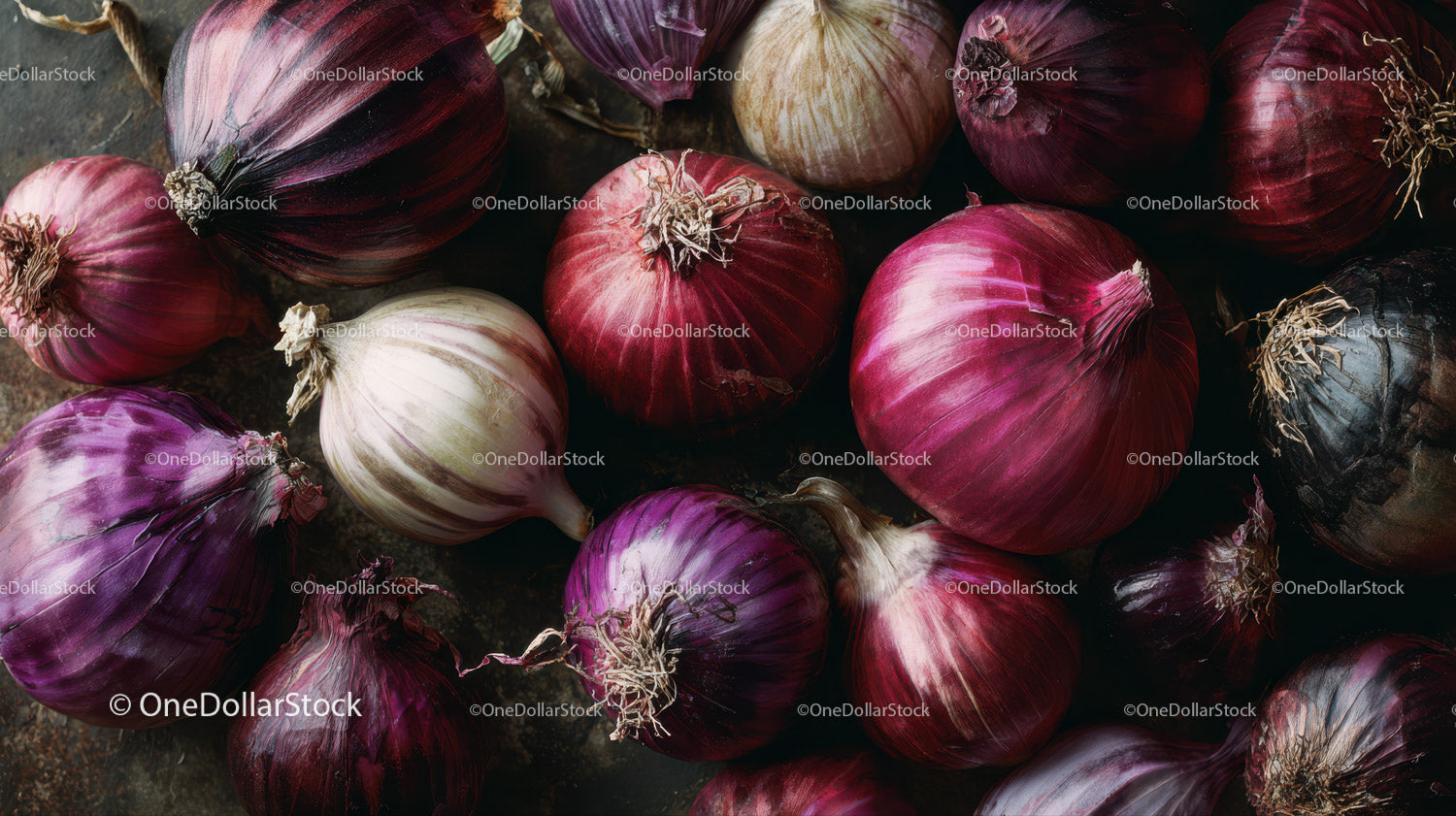 Fresh Red and Purple Onions and Garlic Bulbs in Rustic Setting