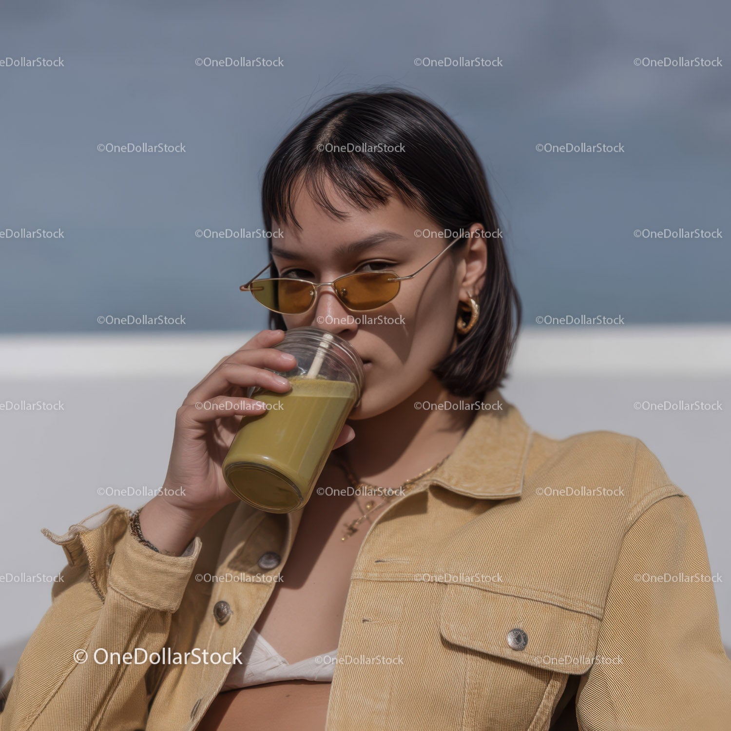 Young Woman Drinking Green Smoothie in Casual Summer Outfit