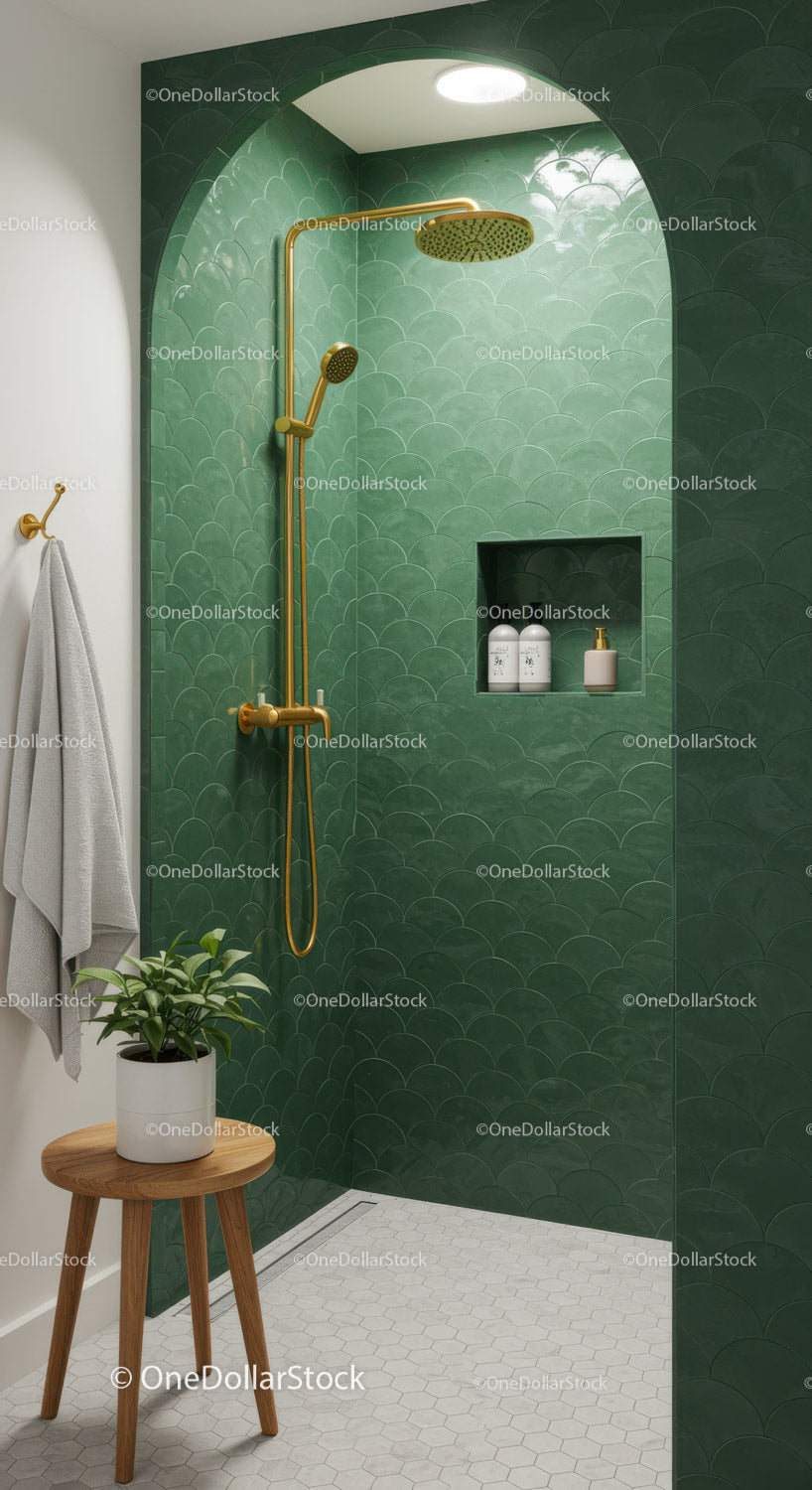 Modern green tile shower with gold fixtures and plant