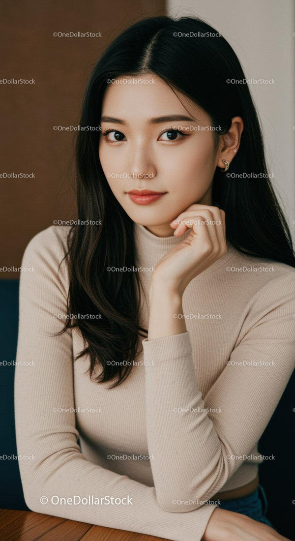Beautiful young Asian woman with sleek black hair in casual beige sweater