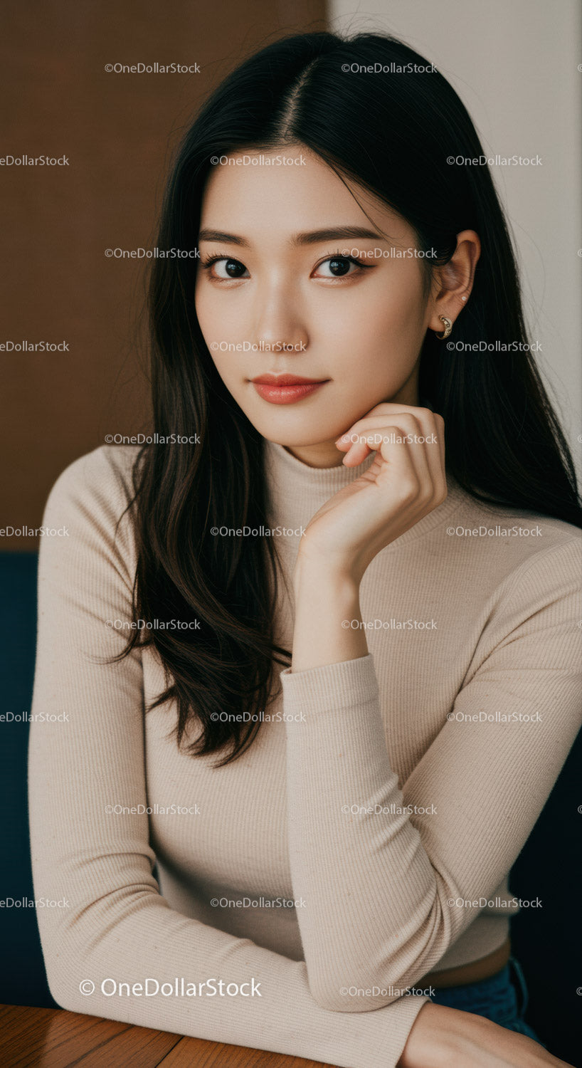 Beautiful young Asian woman with sleek black hair in casual beige sweater