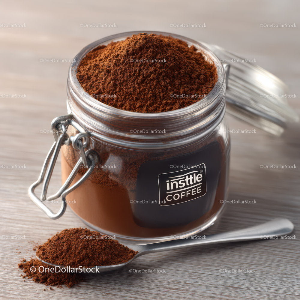 Jar of Ground Coffee with Coffee Grounds and Spoon on Wooden Surface