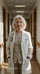 Senior Female Doctor Standing Confidently in Hospital Hallway