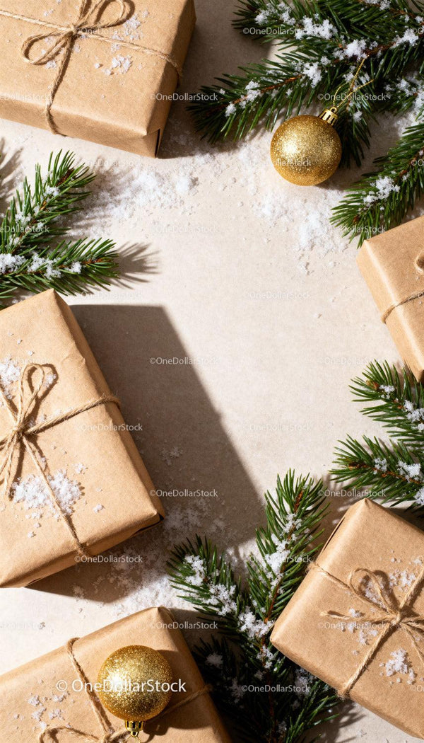 Rustic Christmas Gifts with Pine and Golden Decorations