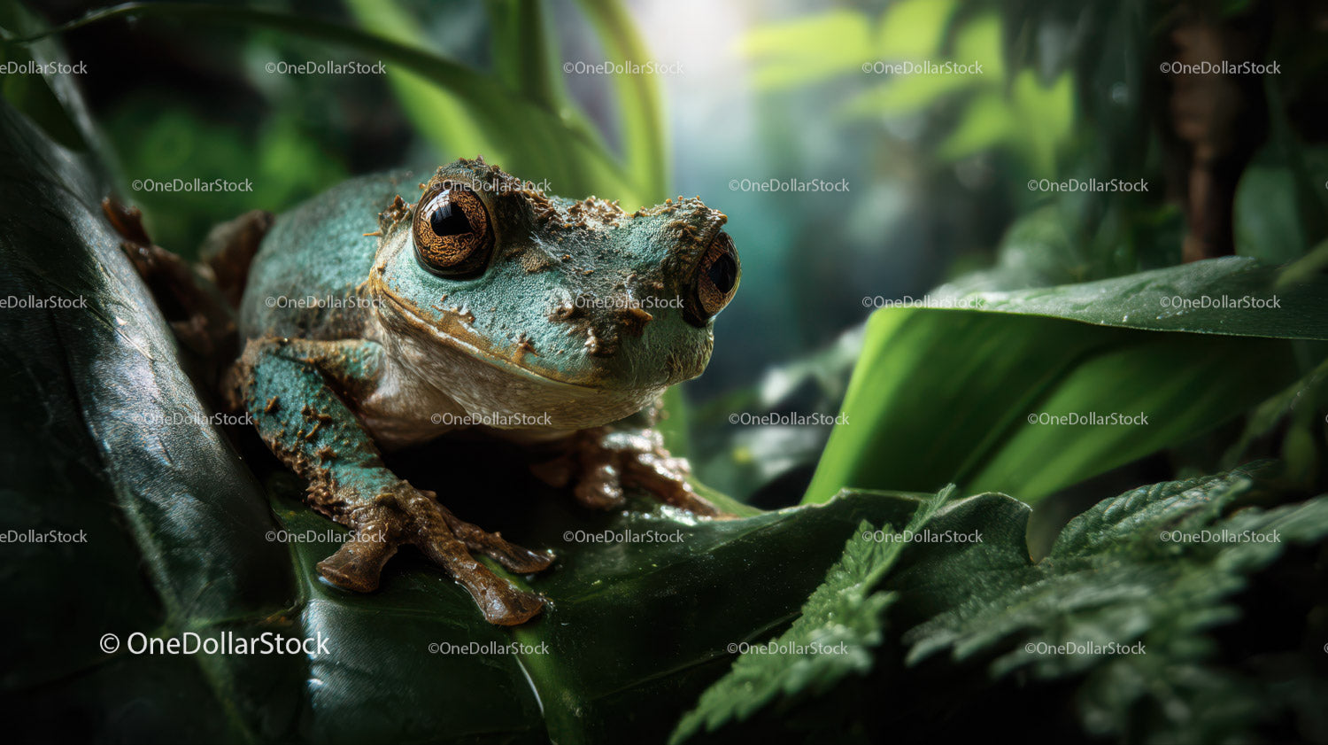 Green Tree Frog Climbing on Leaf in Tropical Rainforest