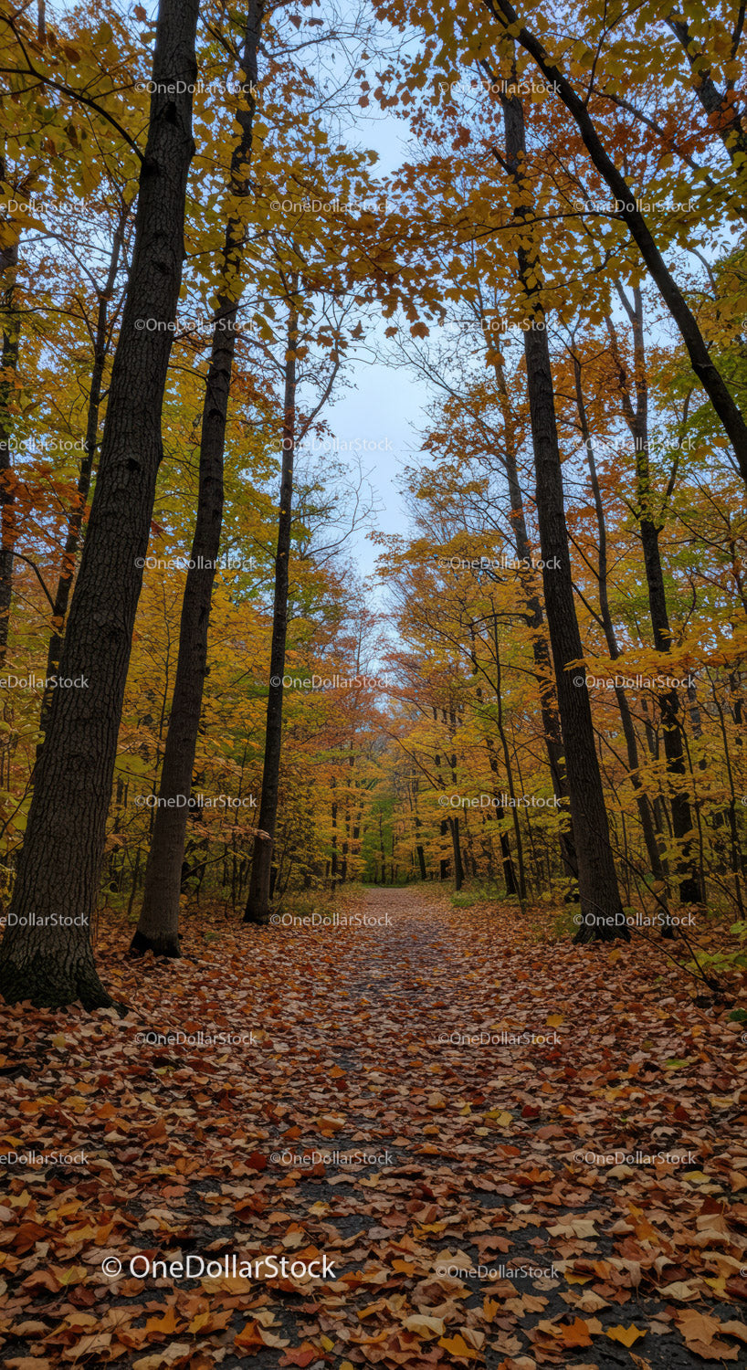 Serene Forest Path Covered in Autumn Leaves