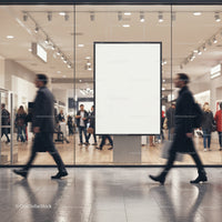 Busy modern shopping mall with blank advertisement board