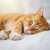 Relaxed ginger cat resting comfortably on white bedding
