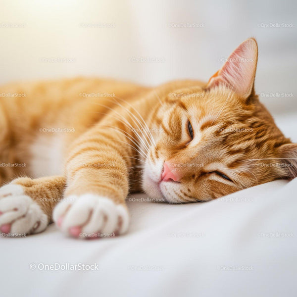 Relaxed ginger cat resting comfortably on white bedding