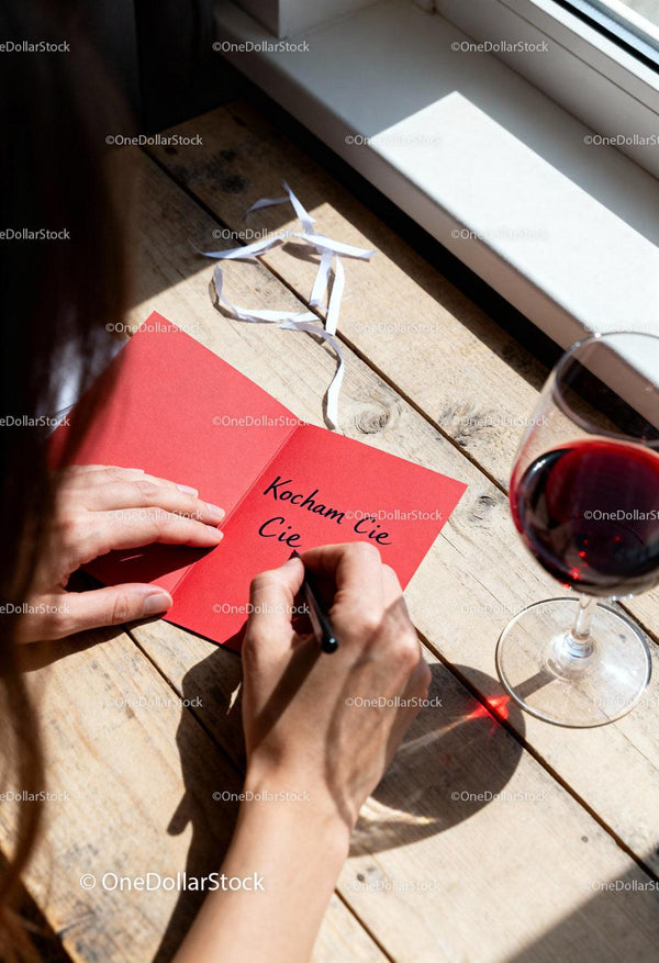 Woman writing heartfelt message in red Valentine card