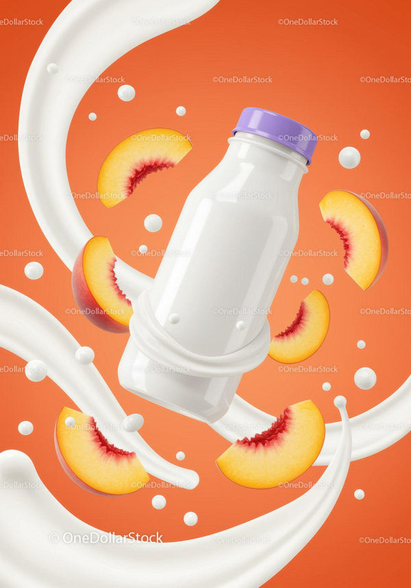 Peach flavored yogurt bottle with creamy splashes JPG Mockup Image