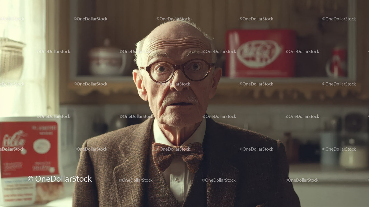 Elderly Man with Surprised Expression in Vintage Attire