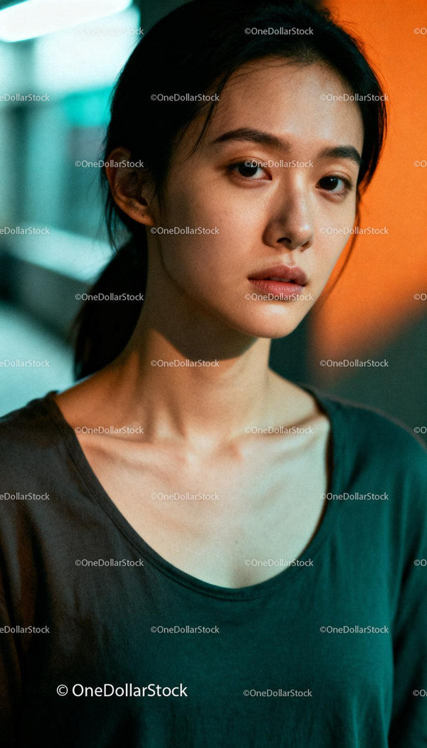 Young woman with calm expression in moody lighting