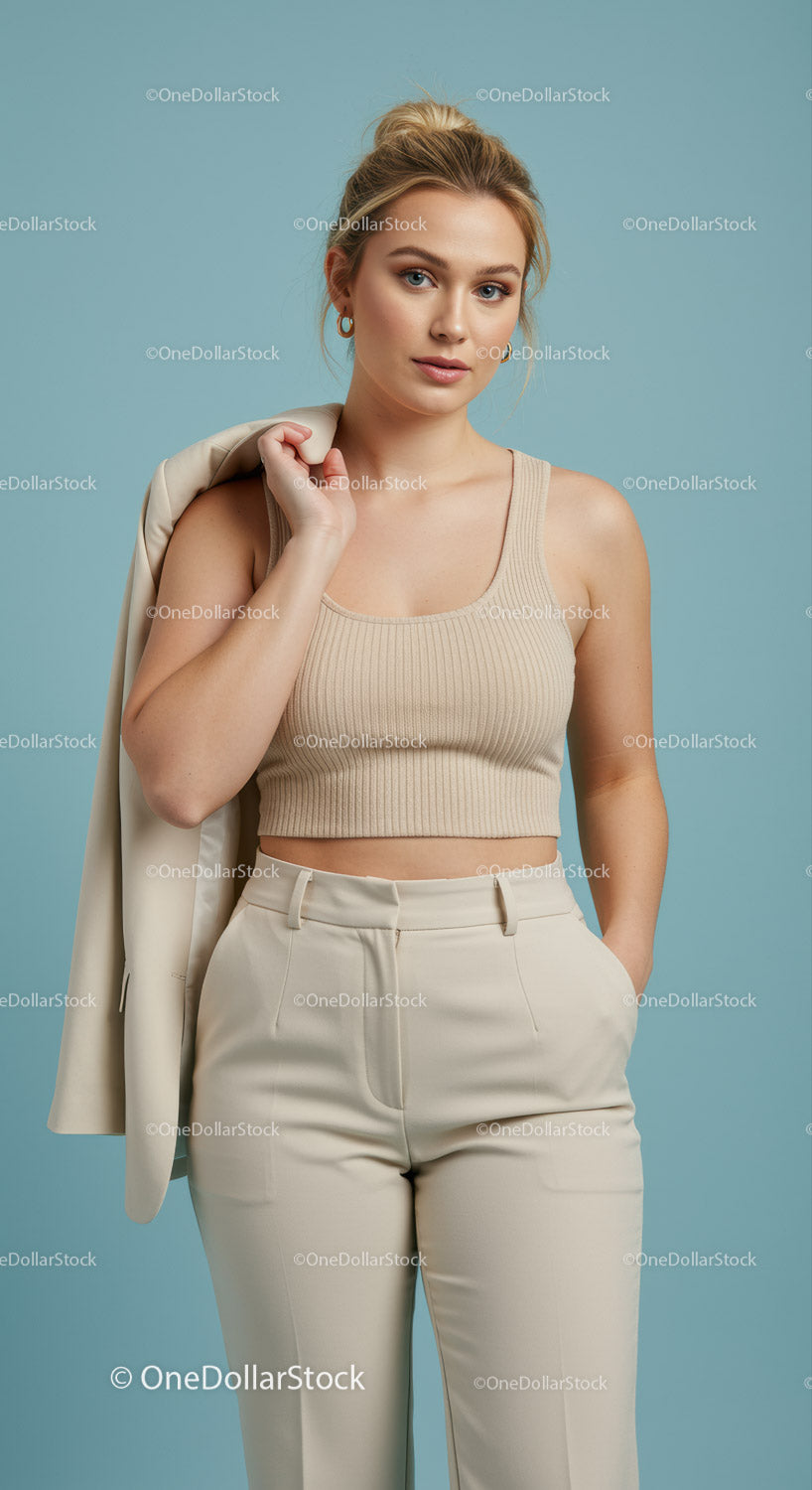 Elegant Woman in Beige Crop Top and Cream Trousers Studio Portrait
