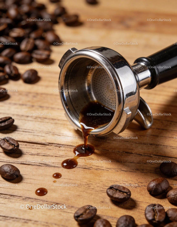Fresh espresso dripping from portafilter on wooden table