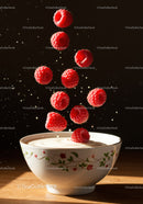 Fresh raspberries falling into creamy yogurt bowl