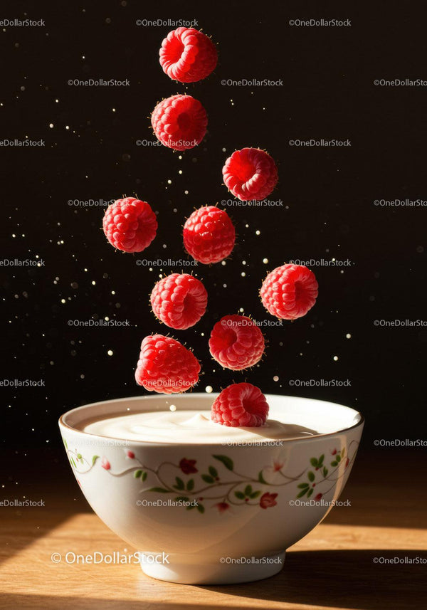 Fresh raspberries falling into creamy yogurt bowl