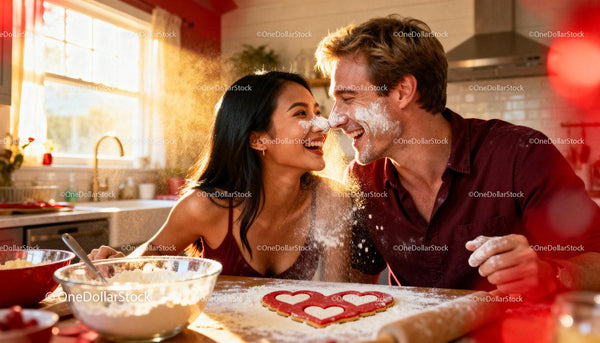 Couple Sharing Playful Moment Baking Heart Cookies