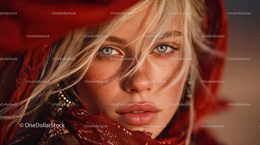 Close-up Portrait of Young Woman with Freckles and Blue Eyes in Bohemian Style