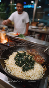Chef Cooking Pasta with Greens and Meat in a Modern Kitchen