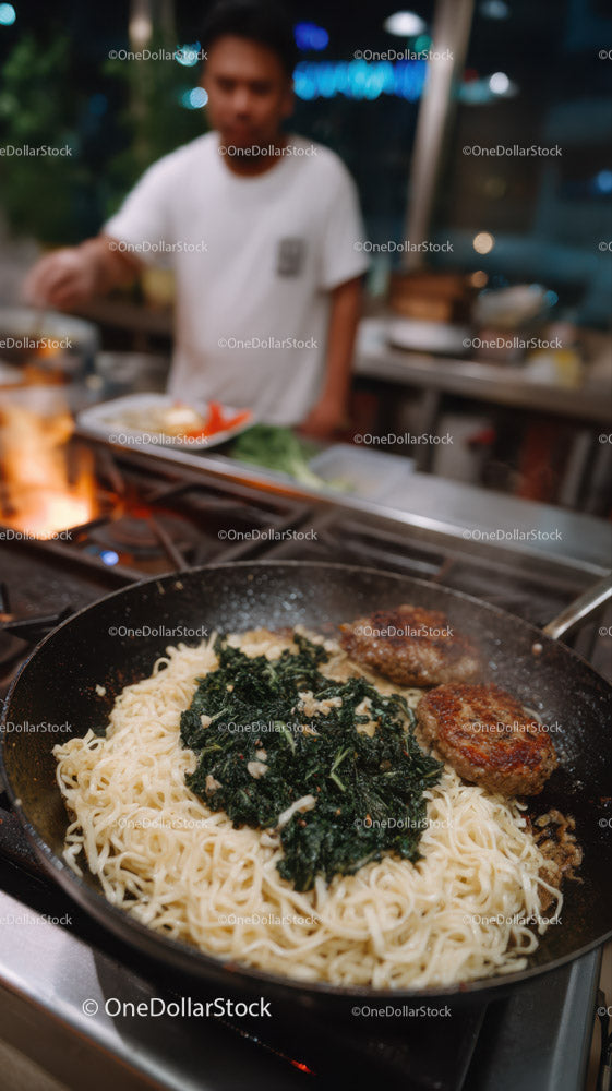 Chef Cooking Pasta with Greens and Meat in a Modern Kitchen