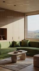 Cozy living room with green sofa and scenic window view
