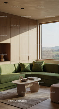 Cozy living room with green sofa and scenic window view