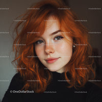 Youthful Woman with Red Curly Hair and Bright Blue Eyes