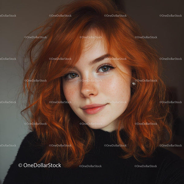 Youthful Woman with Red Curly Hair and Bright Blue Eyes
