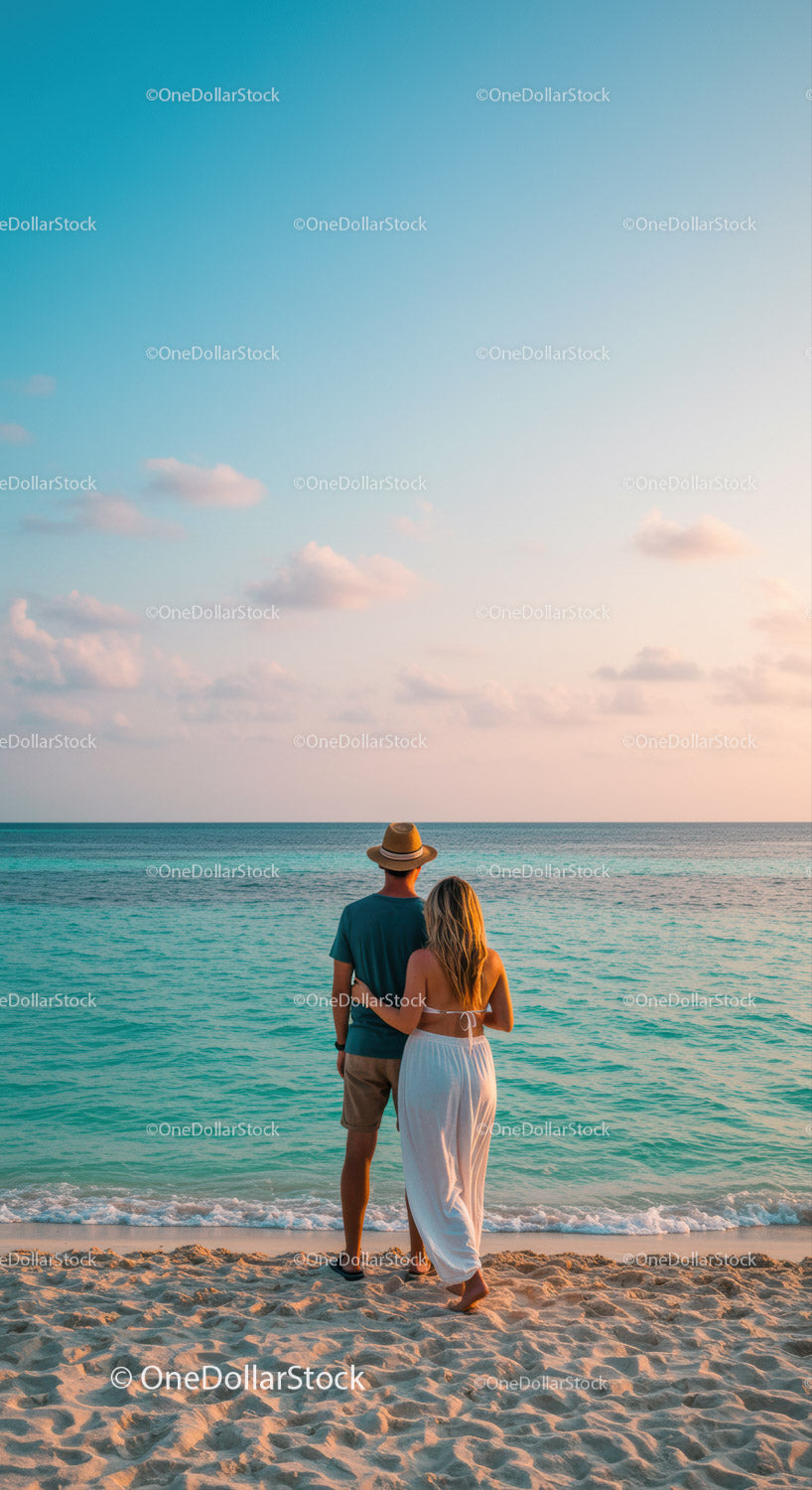 Romantic Couple Watching Sunset on Tropical Beach in Summer
