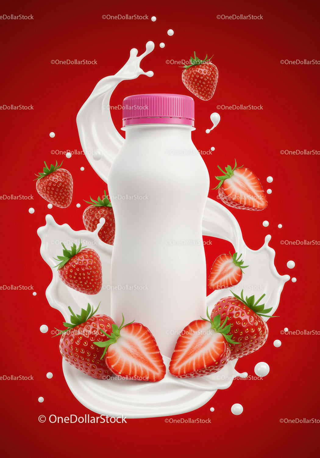Strawberry flavored yogurt bottle with fresh fruit splash