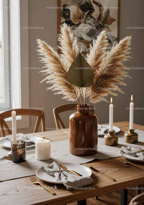 Elegant Dining Table with Pampas Grass and Candles in Modern Home