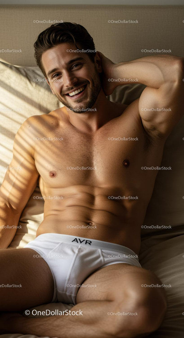 Smiling man relaxing in white underwear on bed