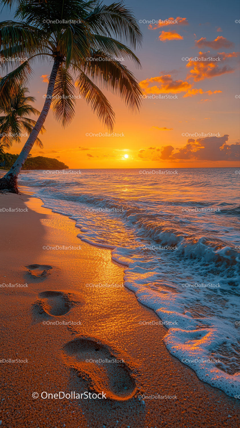 Tropical Beach Sunset with Palm Trees and Ocean Waves